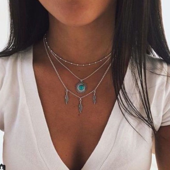 *FARREN* Silver Three Feather Multilayer Fashion Necklace - Picture 2 of 6